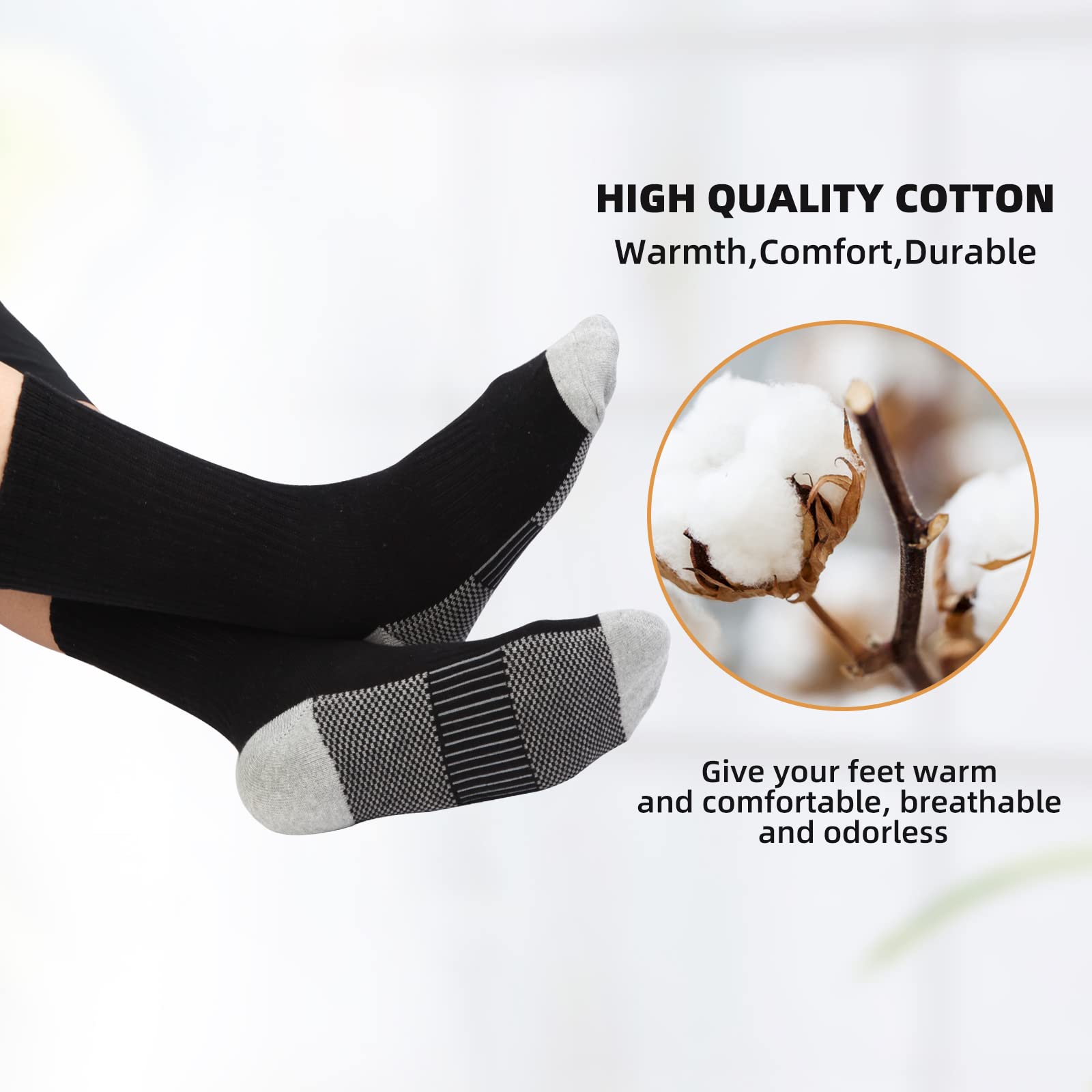 BUDERMMY Men's Cotton Moisture Wicking Heavy Cushion Crew Work Socks,6-12, 6Pairs (US, Numeric, 6, 9, Regular, Tall, black 2)