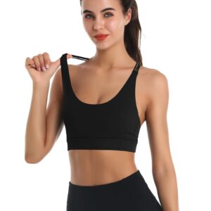 LEXISLOVE Strappy Sports Bras for Women Criss Cross Back Medium Support Workout Yoga Padded Sports Bra with Removable Cups Black L