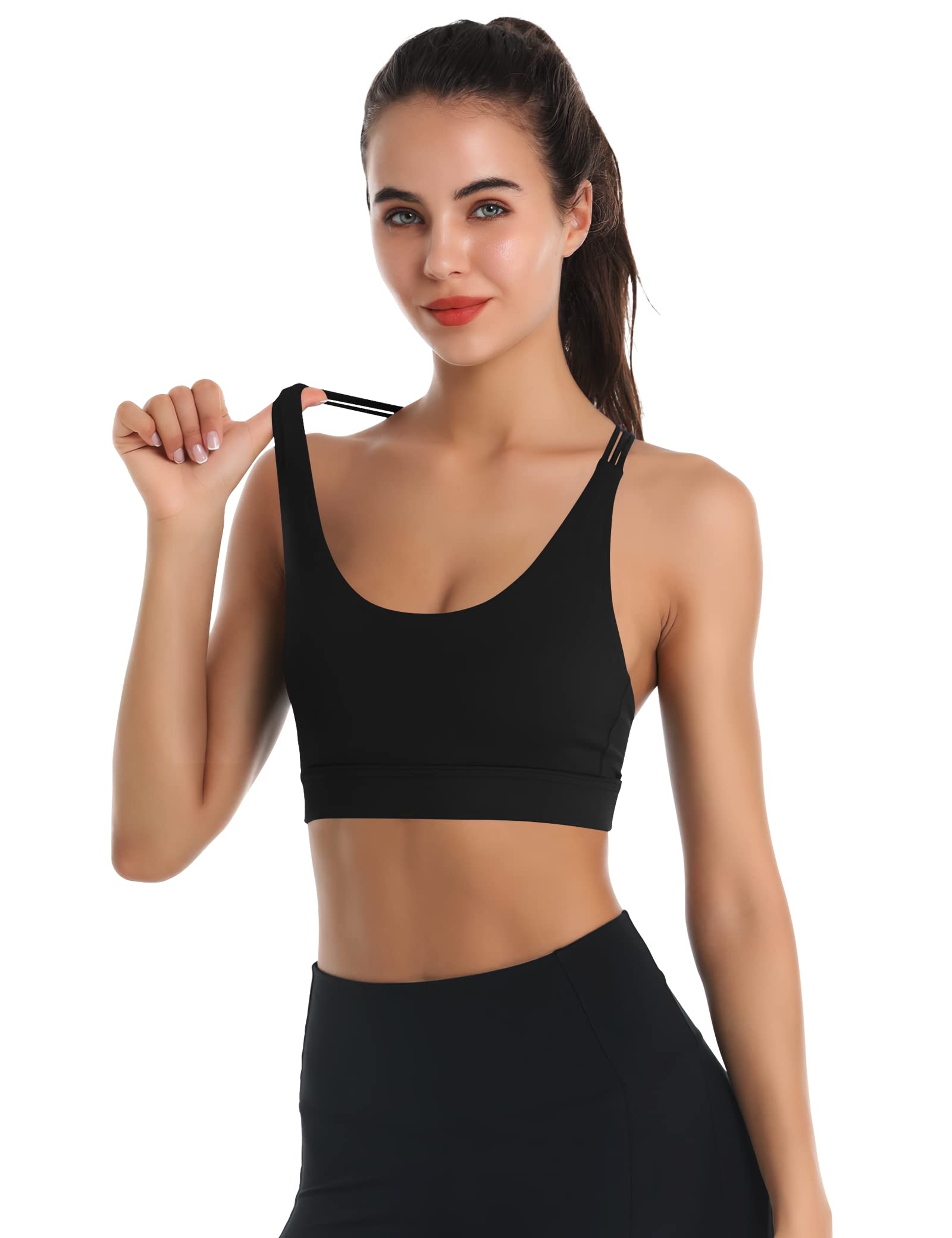 LEXISLOVE Strappy Sports Bras for Women Criss Cross Back Medium Support Workout Yoga Padded Sports Bra with Removable Cups Black L