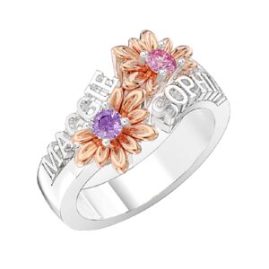 Zeekisfia Personalized Birthstone Ring Custom 3D Name Ring with Sunflower Sterling Silver Promise Ring Birthday Engagement Wedding Jewelry Gifts for Her Women Girls Mother Sisters