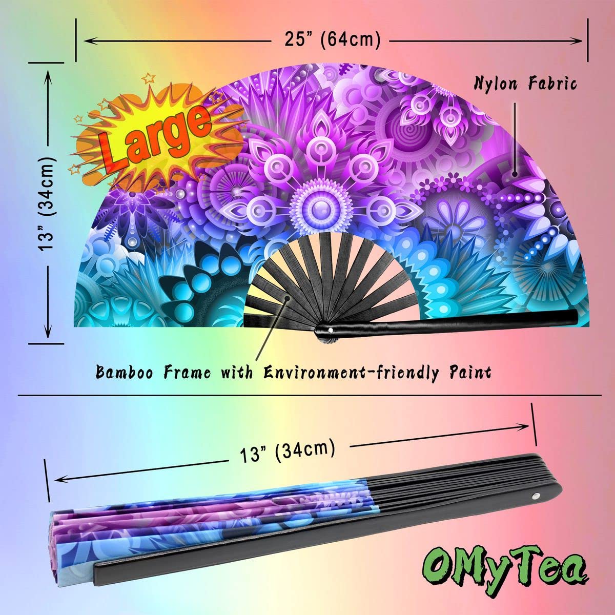 OMyTea Rave Hand Fan Foldable for Women/Men/Drag Queen - Large Clack Festival Folding Hand Fan - for EDM, Music Festival, Event, Party, Dance, Performance (Psychedelic Flowers)