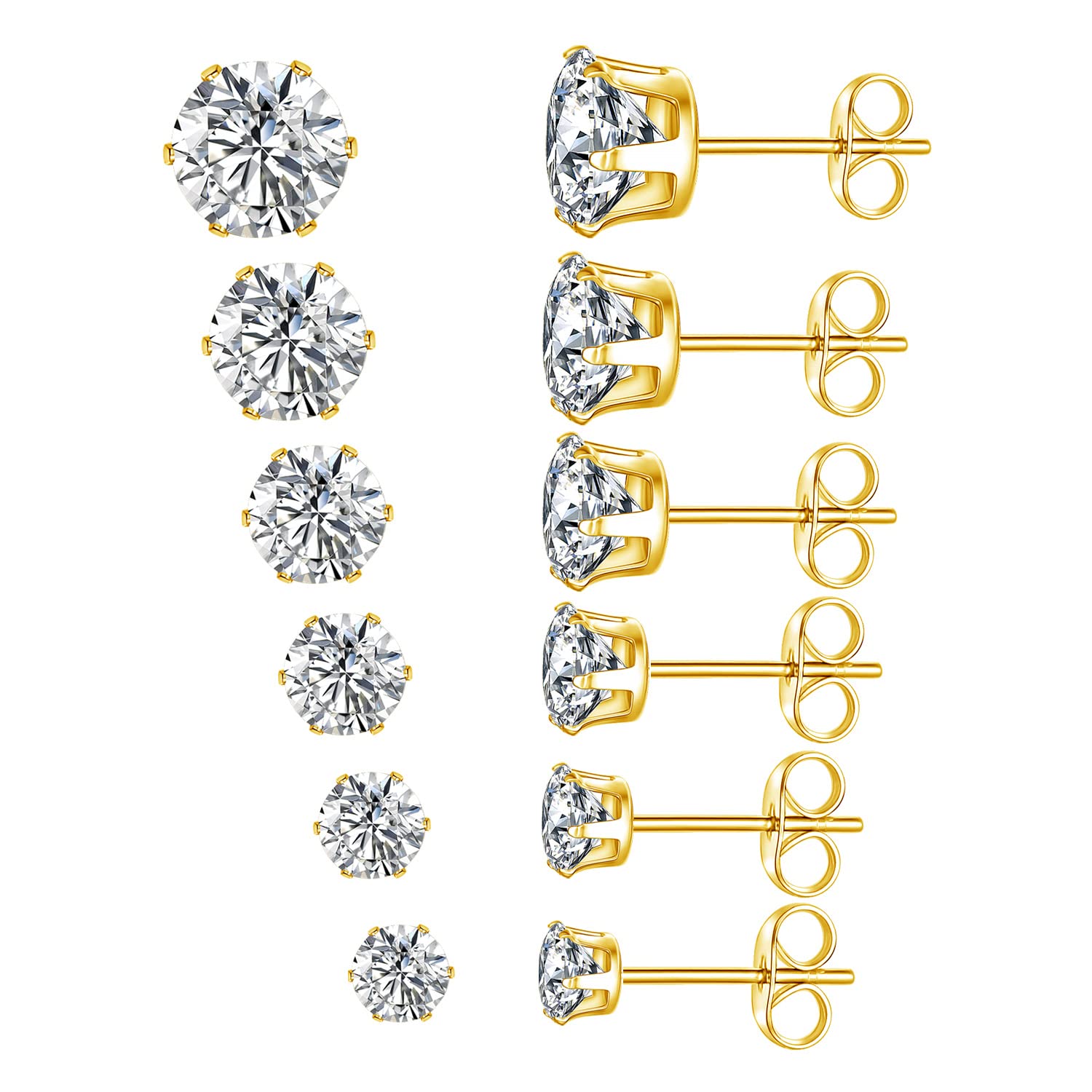 18K Gold Plated Stainless Steel Stud Earrings Set 6 Pairs, Sparkly AAAAA+ Cubic Zirconia Earring Stud Earrings Set for Women and Men Hypoallergenic