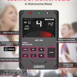 LEKATO Metronome Tuner, Rechargeable 3 In 1 Digital Metronome with TAP Tempo, Woman Vocal Counts, Tuner Tone Generator for Guitar Bass Violin Ukulele Chromatic for All Instruments