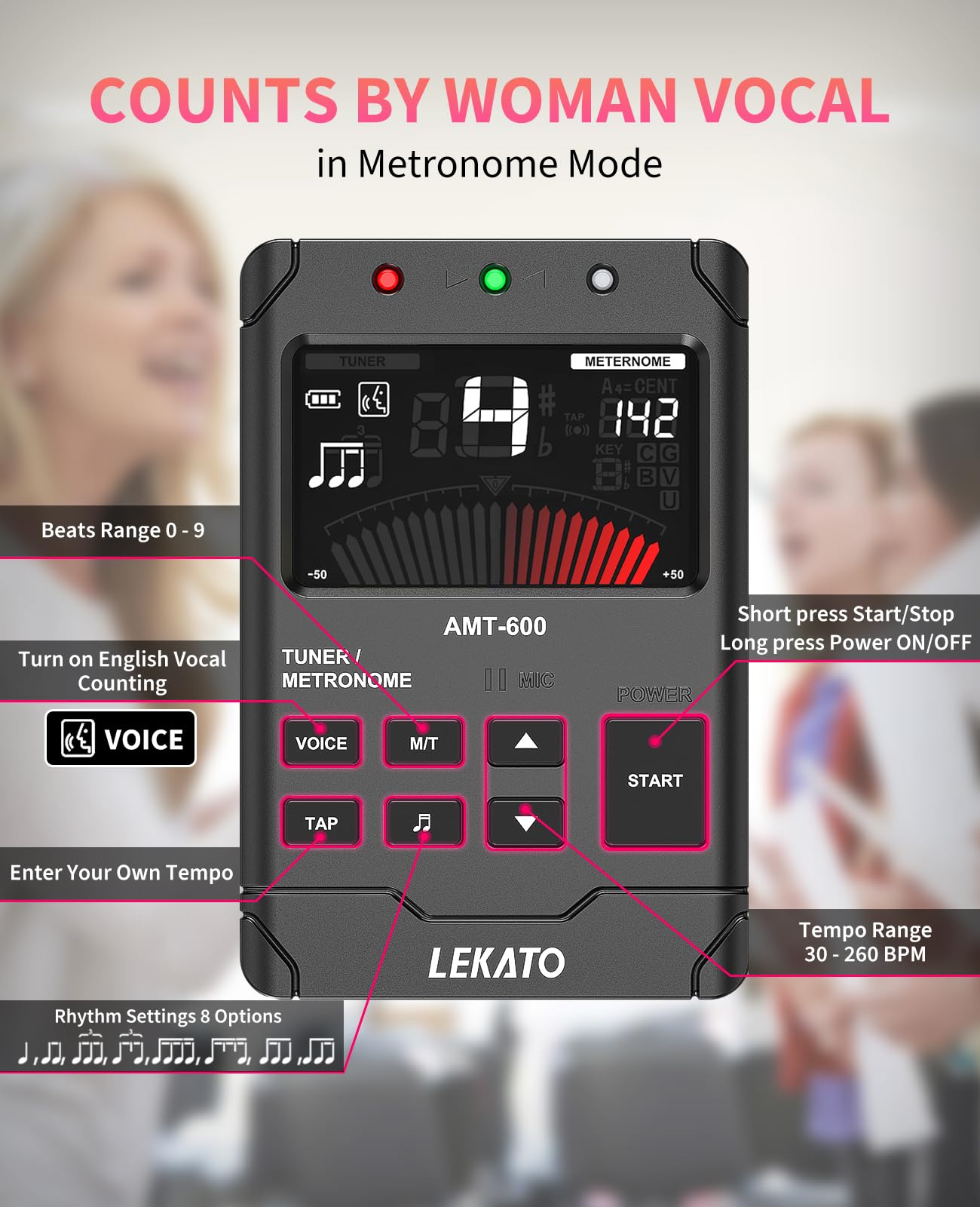 LEKATO Metronome Tuner, Rechargeable 3 In 1 Digital Metronome with TAP Tempo, Woman Vocal Counts, Tuner Tone Generator for Guitar Bass Violin Ukulele Chromatic for All Instruments