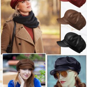 Funtery 3 Pcs Women Newsboy Hats PU Leather Visor Beret Cabbie Hat 8 Panel Vintage Women Fiddler Cap Faux Leather Baker Hat(Khaki, Red, Black)