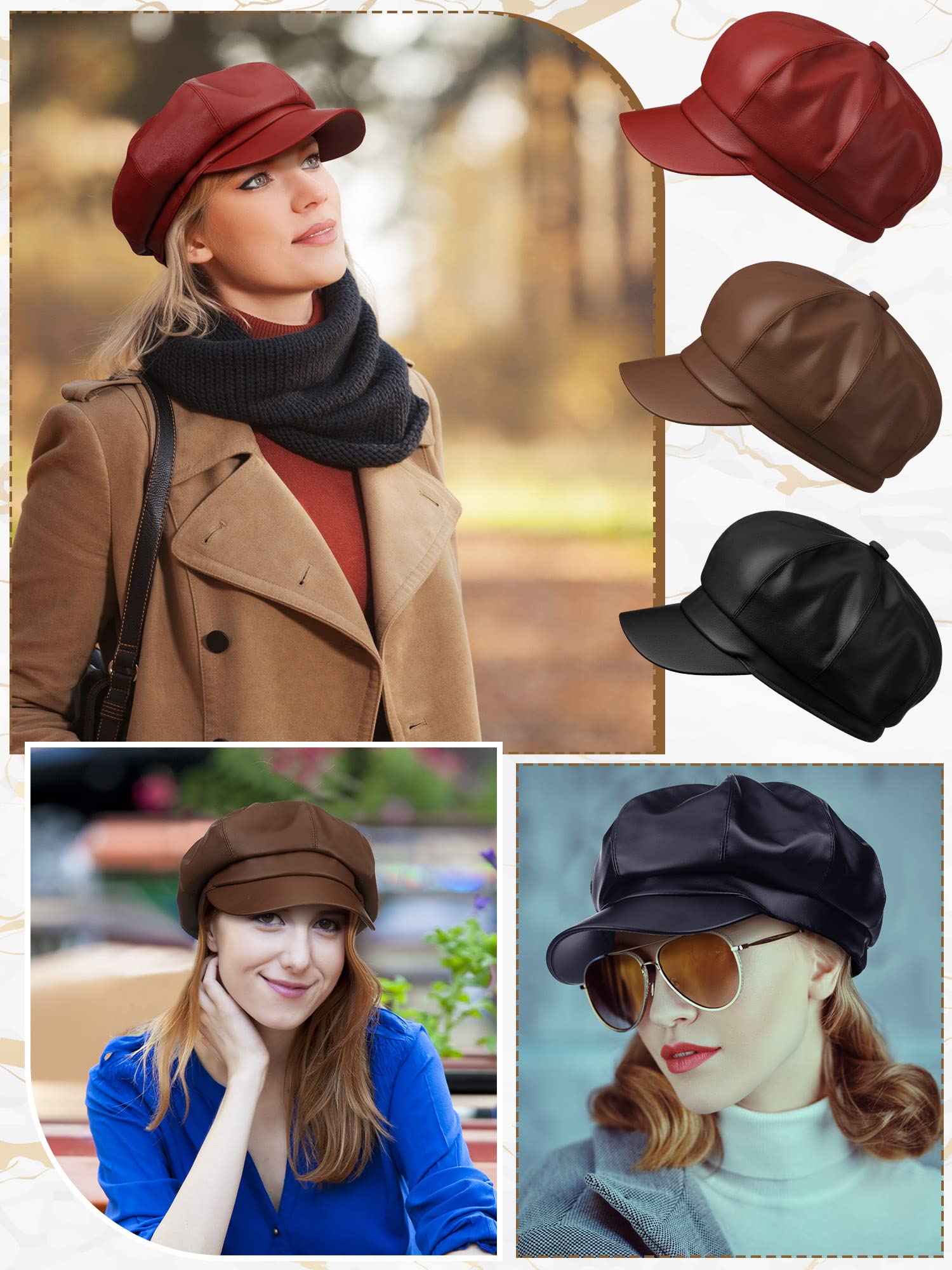 Funtery 3 Pcs Women Newsboy Hats PU Leather Visor Beret Cabbie Hat 8 Panel Vintage Women Fiddler Cap Faux Leather Baker Hat(Khaki, Red, Black)