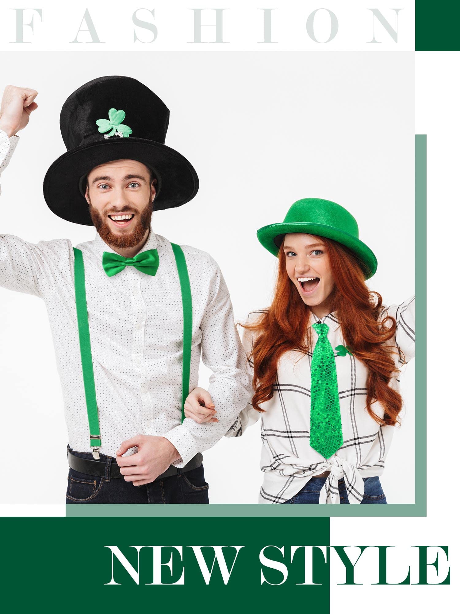 5 Pcs St Patrick' S Day Costume Accessories Set Includes Green High Socks Green Bow Headband Y Shape Suspenders Neck Tie Gree Bow Tie for Women Men St.Patrick's Day Decoration Party Supplies