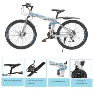 CNCEST 26" Mountain Bike,Folding Bicycle for Women and Men,Front and Rear Disc Brakes,21 Speed Changes,Full Suspension,Adjustable Saddle 80-95cm/ 31.5-37.4in