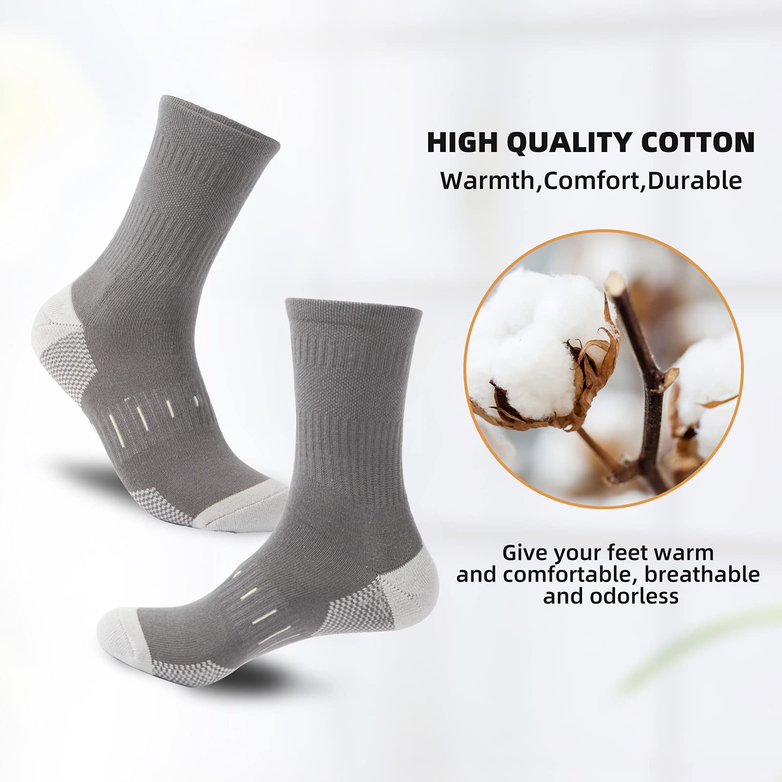 BUDERMMY Men's Cotton Moisture Wicking Heavy Cushion Crew Work Socks,6-12, 6Pairs (US, Numeric, 9, 12, Regular, Tall, black 1)