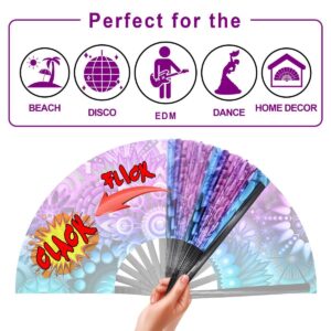 OMyTea Rave Hand Fan Foldable for Women/Men/Drag Queen - Large Clack Festival Folding Hand Fan - for EDM, Music Festival, Event, Party, Dance, Performance (Psychedelic Flowers)