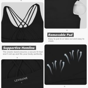 LEXISLOVE Strappy Sports Bras for Women Criss Cross Back Medium Support Workout Yoga Padded Sports Bra with Removable Cups Black L