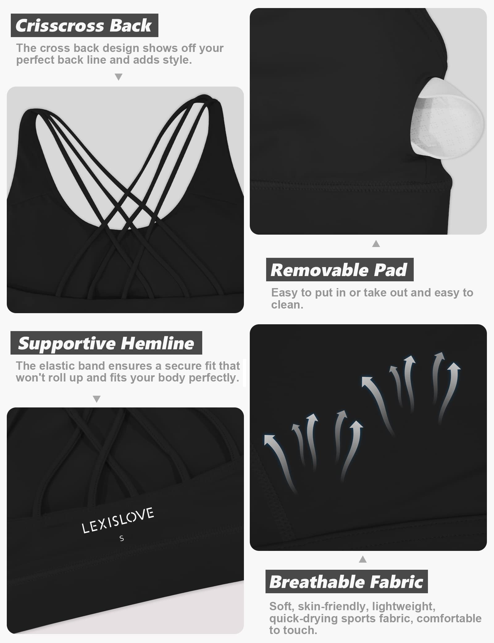 LEXISLOVE Strappy Sports Bras for Women Criss Cross Back Medium Support Workout Yoga Padded Sports Bra with Removable Cups Black L