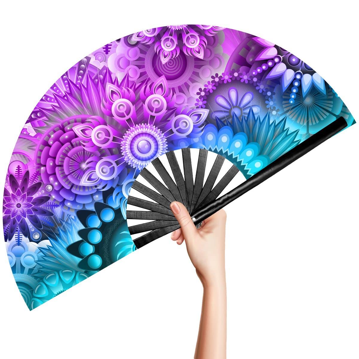 OMyTea Rave Hand Fan Foldable for Women/Men/Drag Queen - Large Clack Festival Folding Hand Fan - for EDM, Music Festival, Event, Party, Dance, Performance (Psychedelic Flowers)