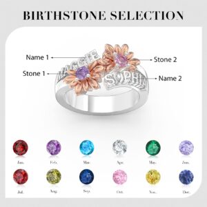 Zeekisfia Personalized Birthstone Ring Custom 3D Name Ring with Sunflower Sterling Silver Promise Ring Birthday Engagement Wedding Jewelry Gifts for Her Women Girls Mother Sisters