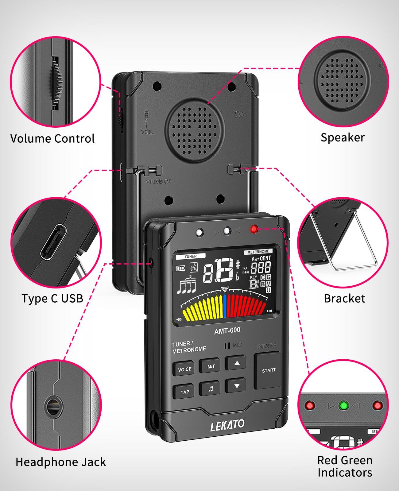 LEKATO Metronome Tuner, Rechargeable 3 In 1 Digital Metronome with TAP Tempo, Woman Vocal Counts, Tuner Tone Generator for Guitar Bass Violin Ukulele Chromatic for All Instruments