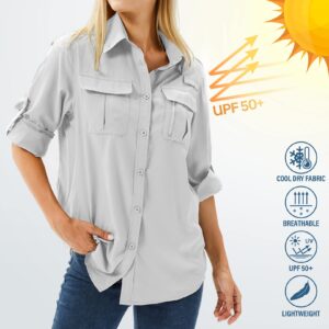 Toumett Women's UPF 50 Long Sleeve UV Sun Protection Safari Shirts Outdoor Quick Dry Fishing Hiking Travel Shirts(5071,Grey,L)