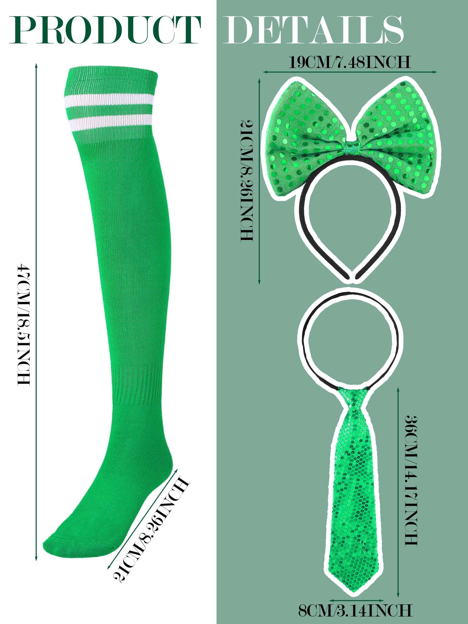 5 Pcs St Patrick' S Day Costume Accessories Set Includes Green High Socks Green Bow Headband Y Shape Suspenders Neck Tie Gree Bow Tie for Women Men St.Patrick's Day Decoration Party Supplies