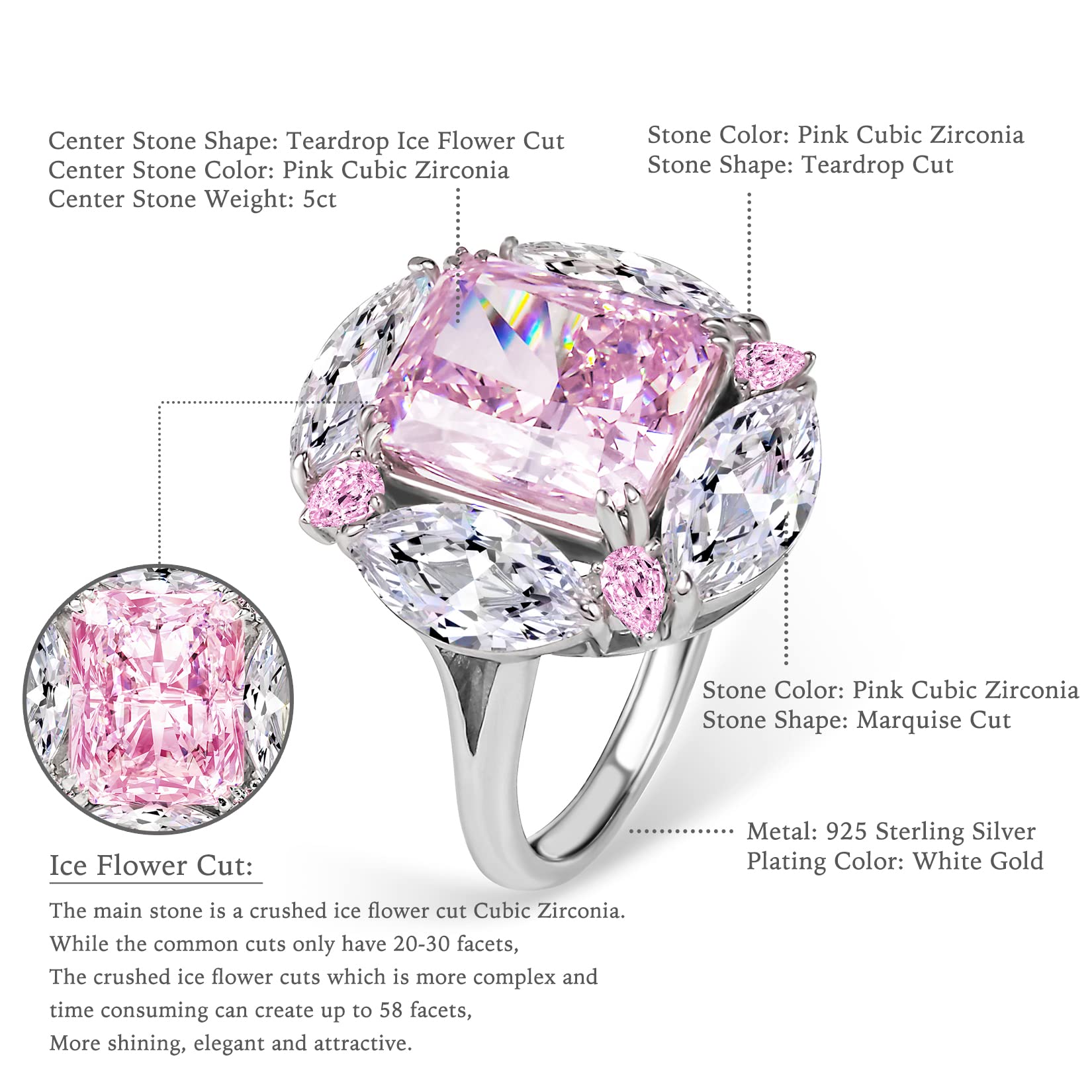 Hius Adjustable 925 Sterling Silver AAA Cubic Zirconia Engagement Ring Pink Cubic Zirconia Wedding Promise Rings for Women Statement Ring for Her