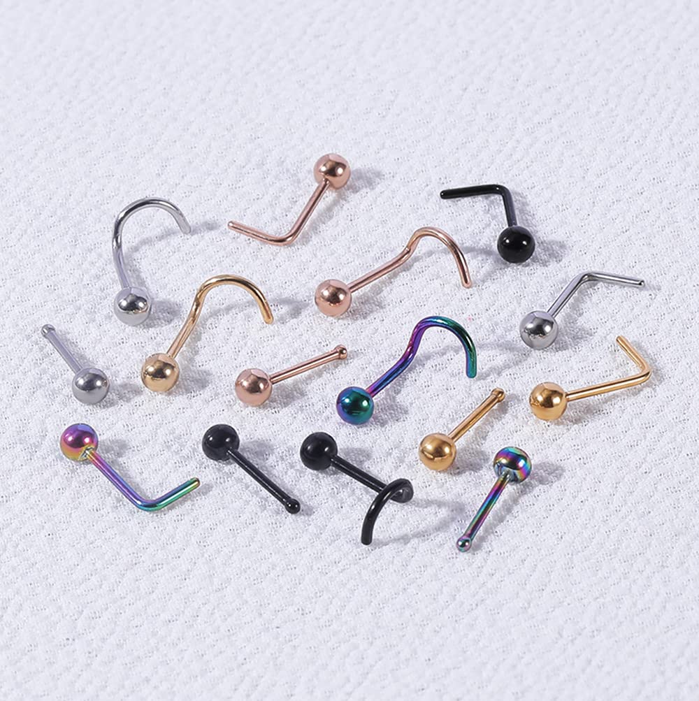 6ixGosh 6pcs 20g Nose Studs 3mm Ball Flat Surgical Steel Nose Ring for Women Men Black Rose Gold Nose Stud L Shaped Corkscrew Nose Ring Studs Cute Nostril Nose Piercing Jewelry