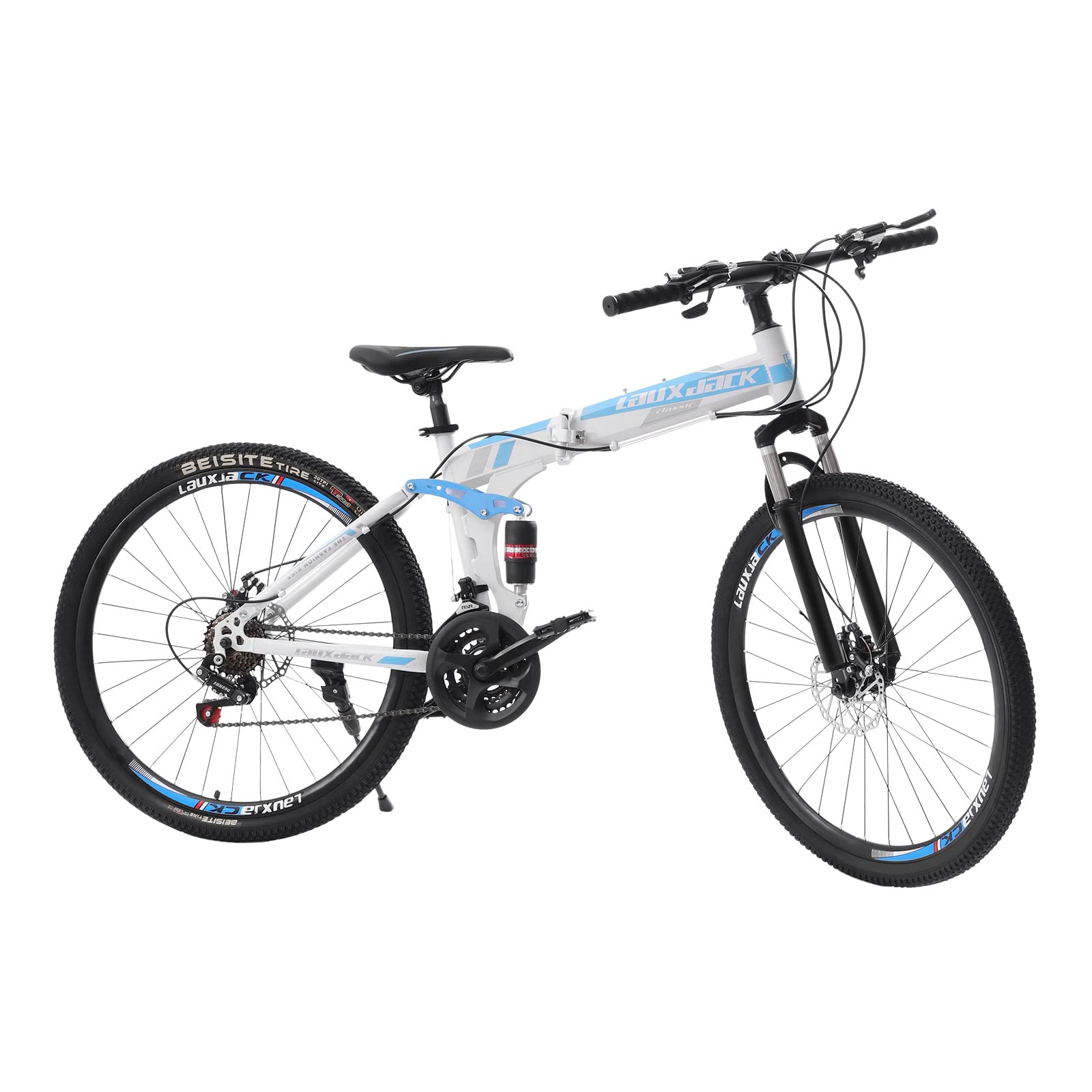 CNCEST 26" Mountain Bike,Folding Bicycle for Women and Men,Front and Rear Disc Brakes,21 Speed Changes,Full Suspension,Adjustable Saddle 80-95cm/ 31.5-37.4in