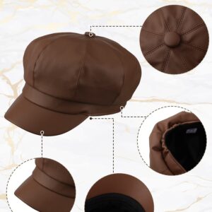 Funtery 3 Pcs Women Newsboy Hats PU Leather Visor Beret Cabbie Hat 8 Panel Vintage Women Fiddler Cap Faux Leather Baker Hat(Khaki, Red, Black)