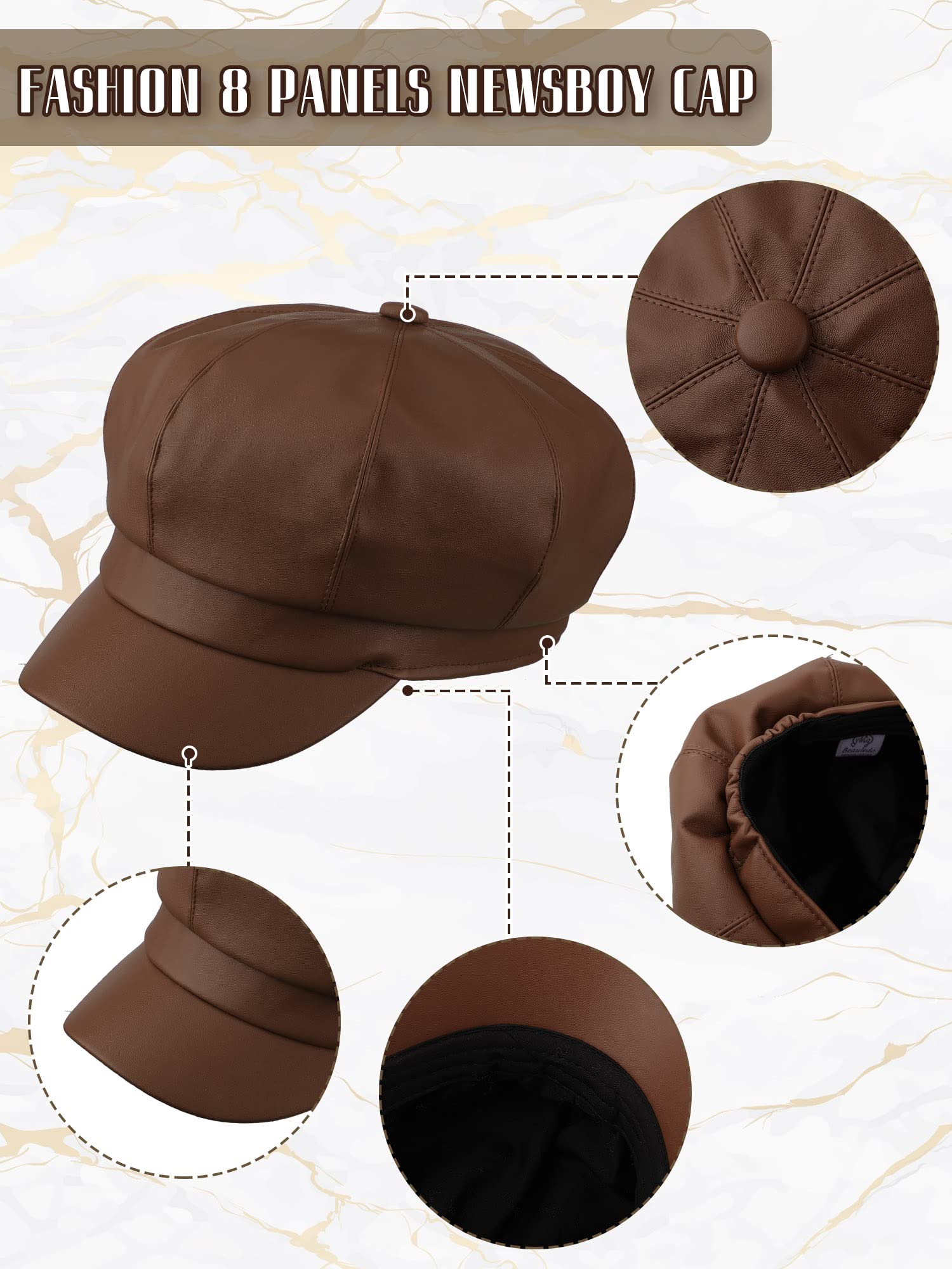 Funtery 3 Pcs Women Newsboy Hats PU Leather Visor Beret Cabbie Hat 8 Panel Vintage Women Fiddler Cap Faux Leather Baker Hat(Khaki, Red, Black)