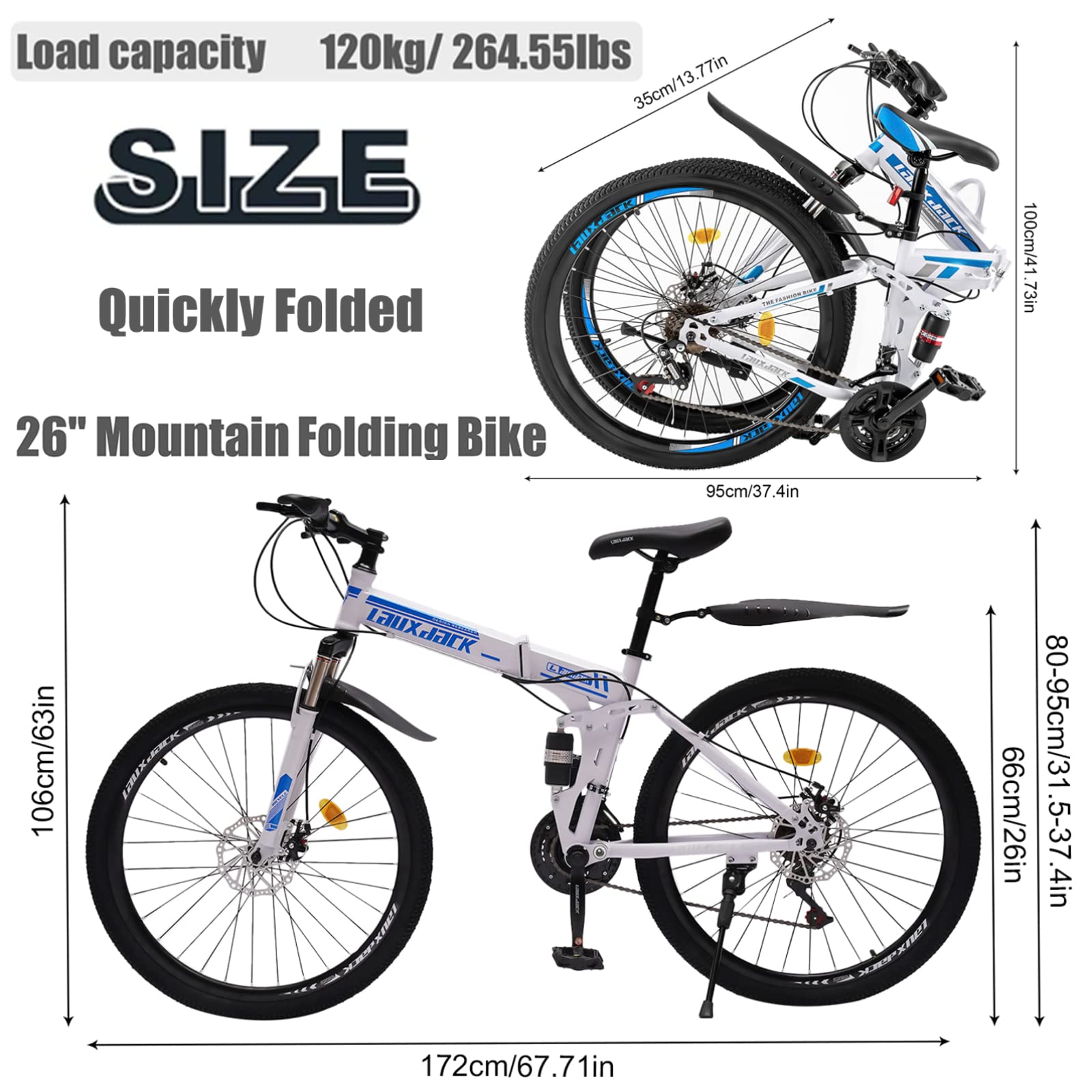 26 inch Folding Mountain Bike 21 Speed Mountain Bicycle Precision Shifting with Double Disc Brake MTB Bicycle Adjustable Saddle Height Blue White for Adults (Blue White 26inch)