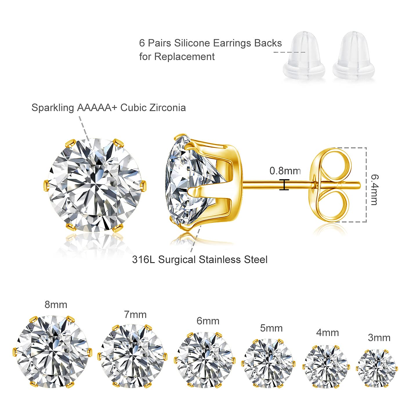 18K Gold Plated Stainless Steel Stud Earrings Set 6 Pairs, Sparkly AAAAA+ Cubic Zirconia Earring Stud Earrings Set for Women and Men Hypoallergenic