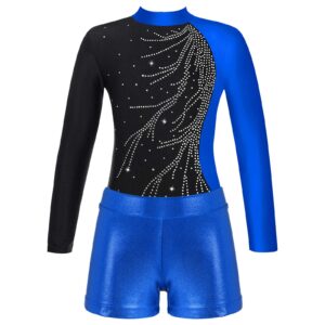 LiiYii Girls Long Sleeve Ballet Leotards Gymnastics Dance Outfit Athletic Unitard Activewear Biketard with Shorts Blue 12 Years