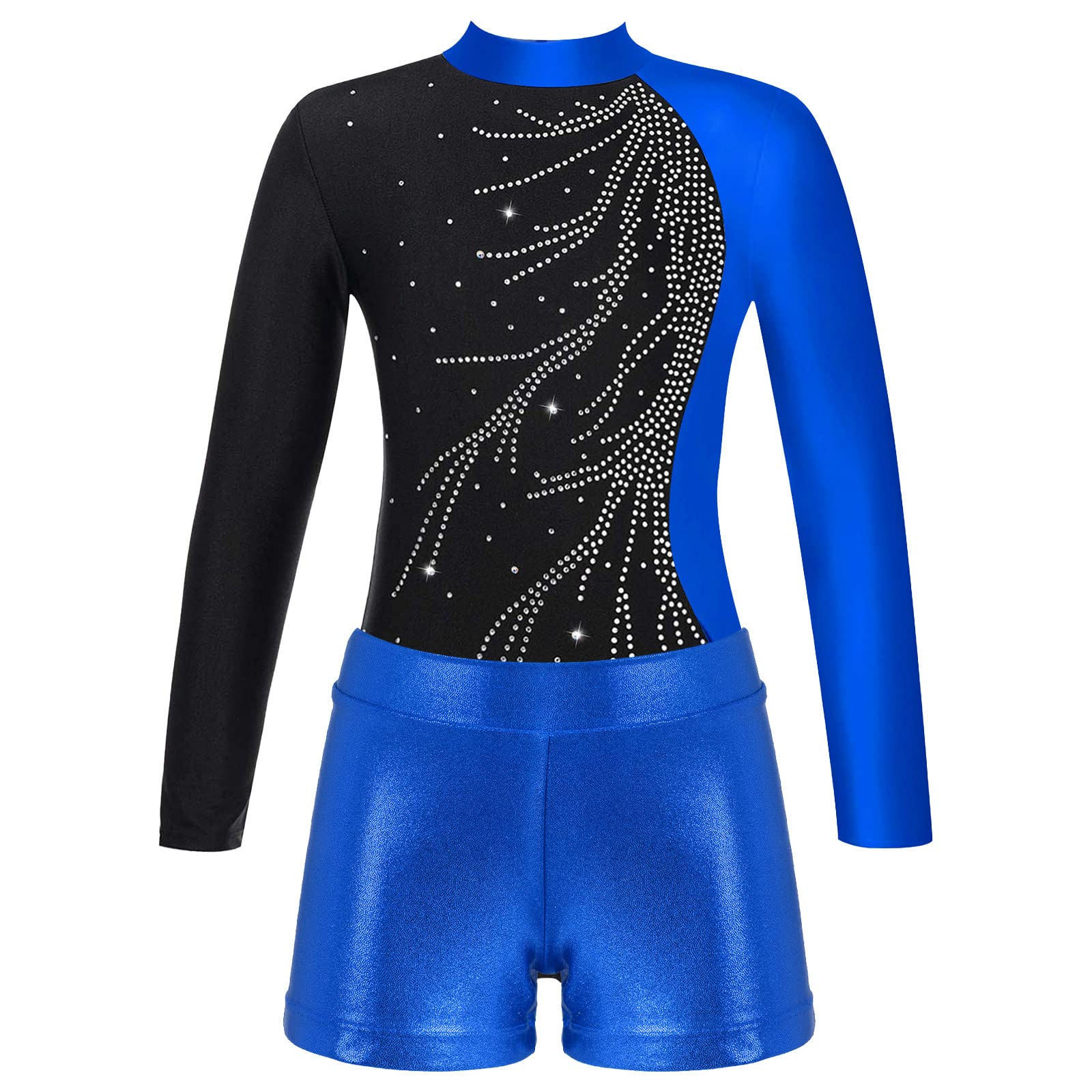 LiiYii Girls Long Sleeve Ballet Leotards Gymnastics Dance Outfit Athletic Unitard Activewear Biketard with Shorts Blue 12 Years