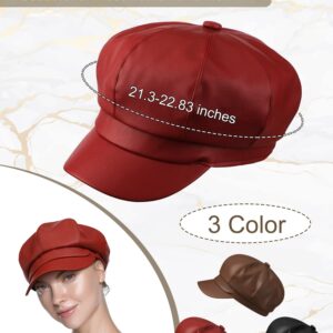 Funtery 3 Pcs Women Newsboy Hats PU Leather Visor Beret Cabbie Hat 8 Panel Vintage Women Fiddler Cap Faux Leather Baker Hat(Khaki, Red, Black)