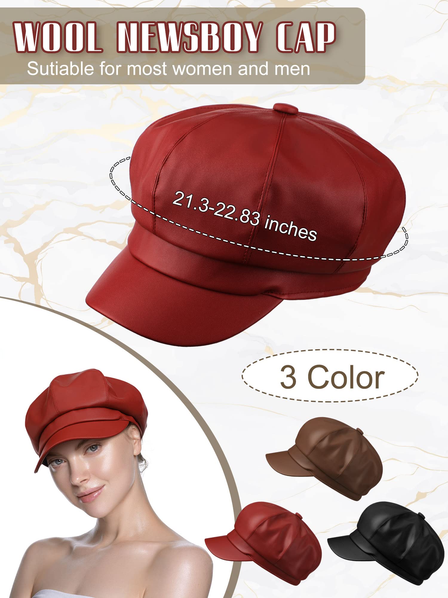 Funtery 3 Pcs Women Newsboy Hats PU Leather Visor Beret Cabbie Hat 8 Panel Vintage Women Fiddler Cap Faux Leather Baker Hat(Khaki, Red, Black)