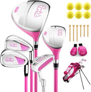 junior complete golf club set 20 piece right hand for girls kids children, includes oversize driver, 5# hybrid,7# & sw# irons,free putter, stand bag, pu golf balls and wooden golf tees, right hand