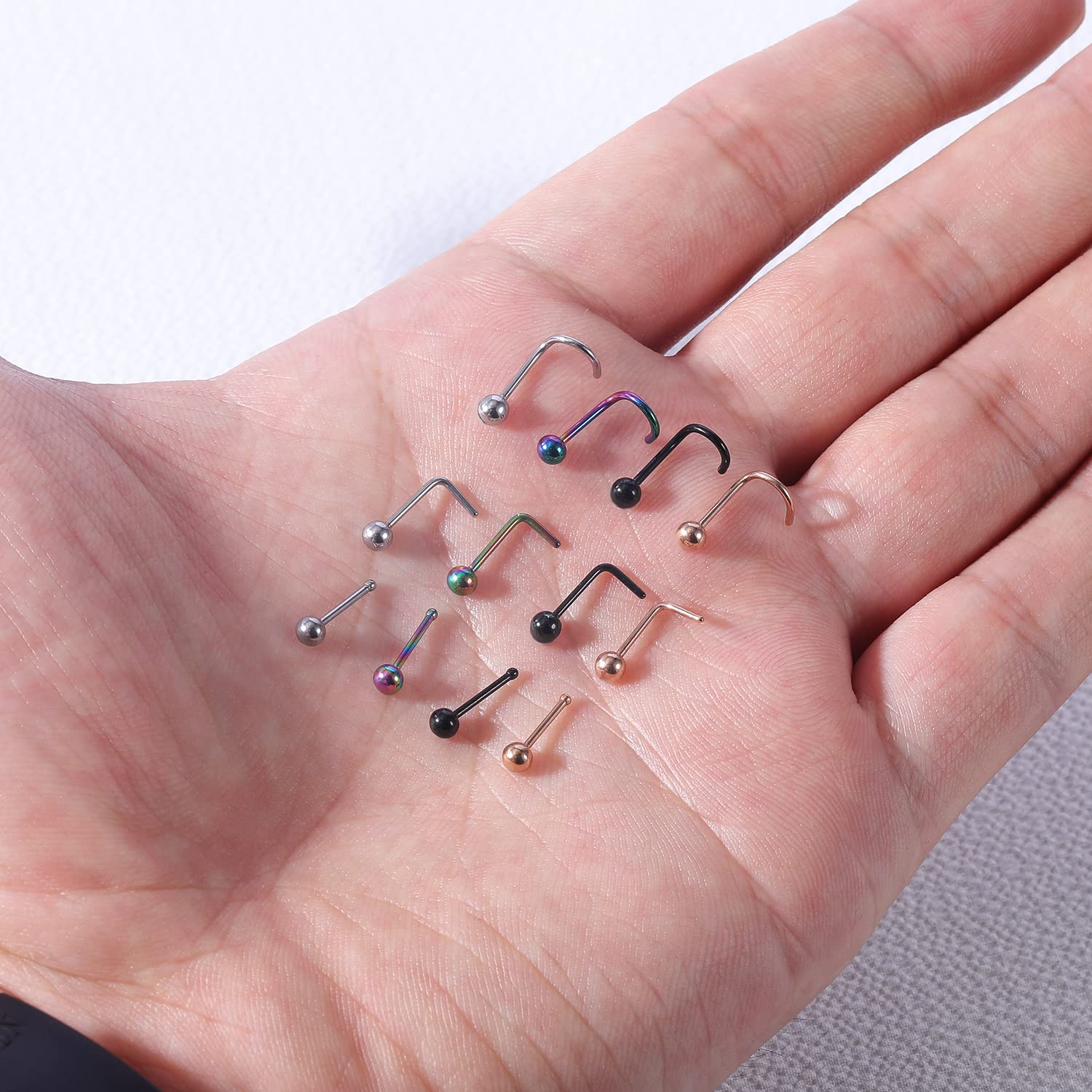 6ixGosh 6pcs 20g Nose Studs 3mm Ball Flat Surgical Steel Nose Ring for Women Men Black Rose Gold Nose Stud L Shaped Corkscrew Nose Ring Studs Cute Nostril Nose Piercing Jewelry