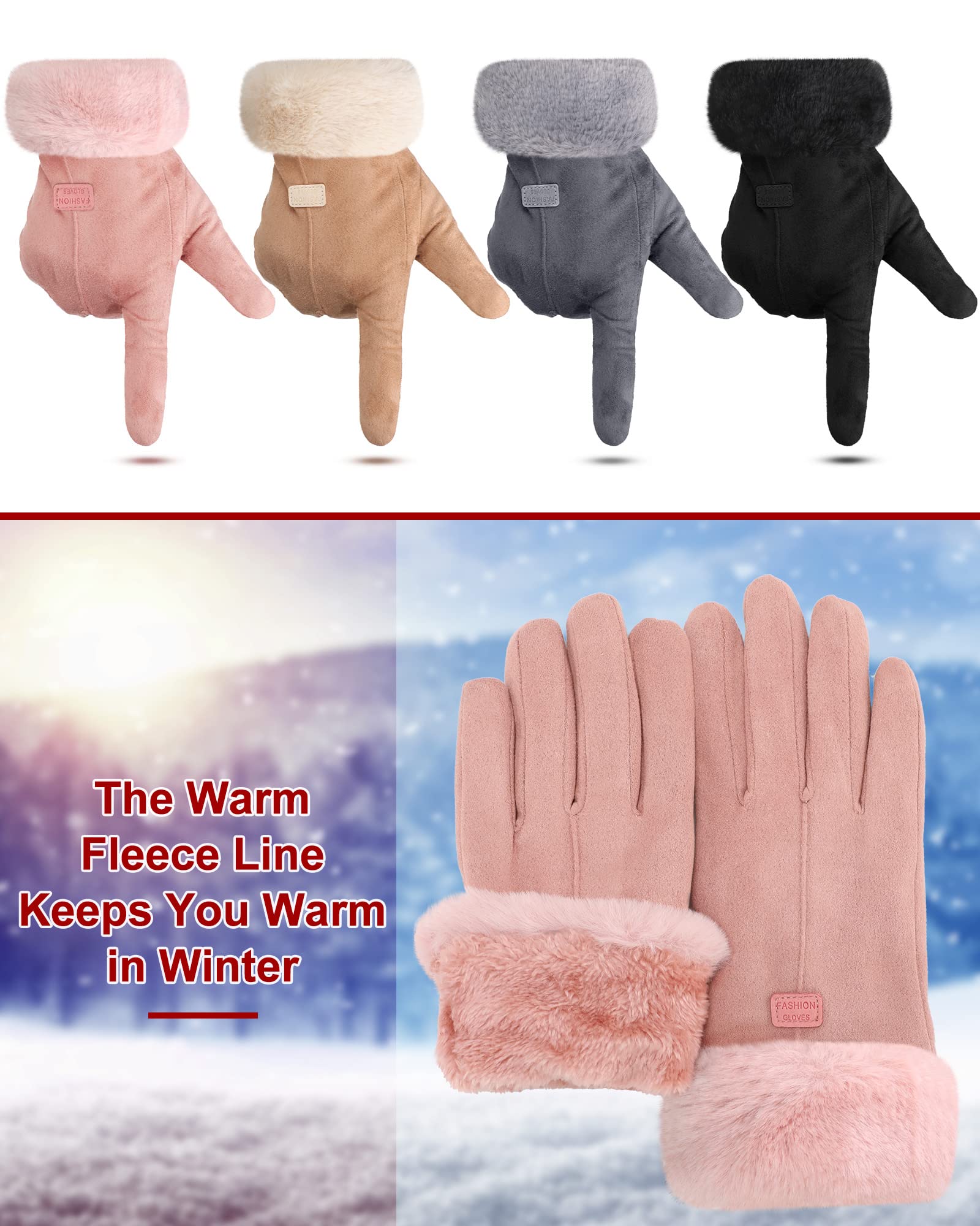 Janmercy 4 Pairs Thermal Winter Gloves for Women Cold Weather Touchscreen Soft Lining Suede Gloves for Ladies Sports Driving(Pink, Camel, Gray, Black)