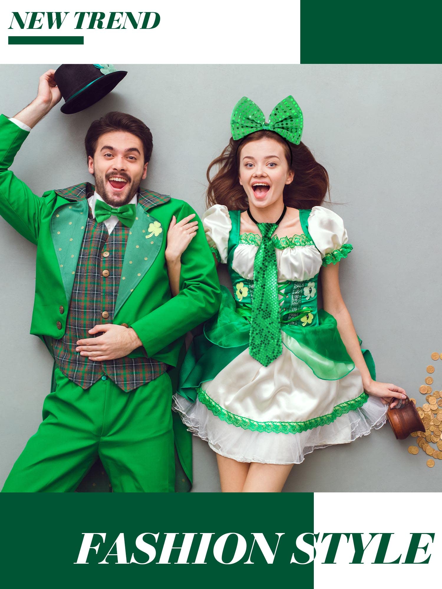 5 Pcs St Patrick' S Day Costume Accessories Set Includes Green High Socks Green Bow Headband Y Shape Suspenders Neck Tie Gree Bow Tie for Women Men St.Patrick's Day Decoration Party Supplies