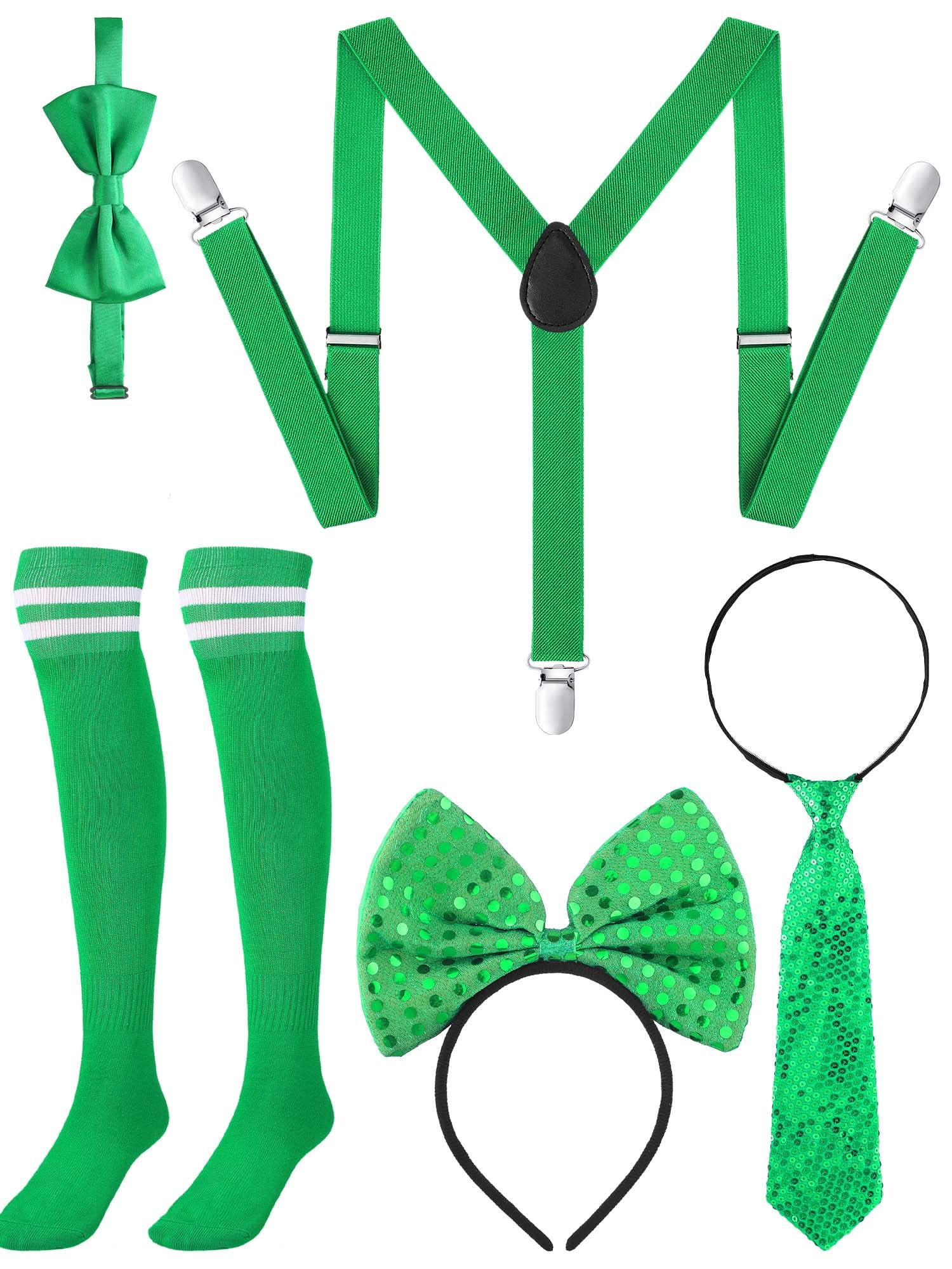 5 Pcs St Patrick' S Day Costume Accessories Set Includes Green High Socks Green Bow Headband Y Shape Suspenders Neck Tie Gree Bow Tie for Women Men St.Patrick's Day Decoration Party Supplies