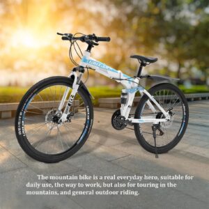 26 inch Folding Mountain Bike 21 Speed Mountain Bicycle Precision Shifting with Double Disc Brake MTB Bicycle Adjustable Saddle Height Blue White for Adults (Blue White 26inch)