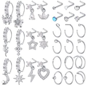 trnayi 30 pcs 20g dangle nose ring l shaped nose piercings jewelry for women men cute nose ring stud hoop indian nose screw surgical steel nose ring studs (silver)