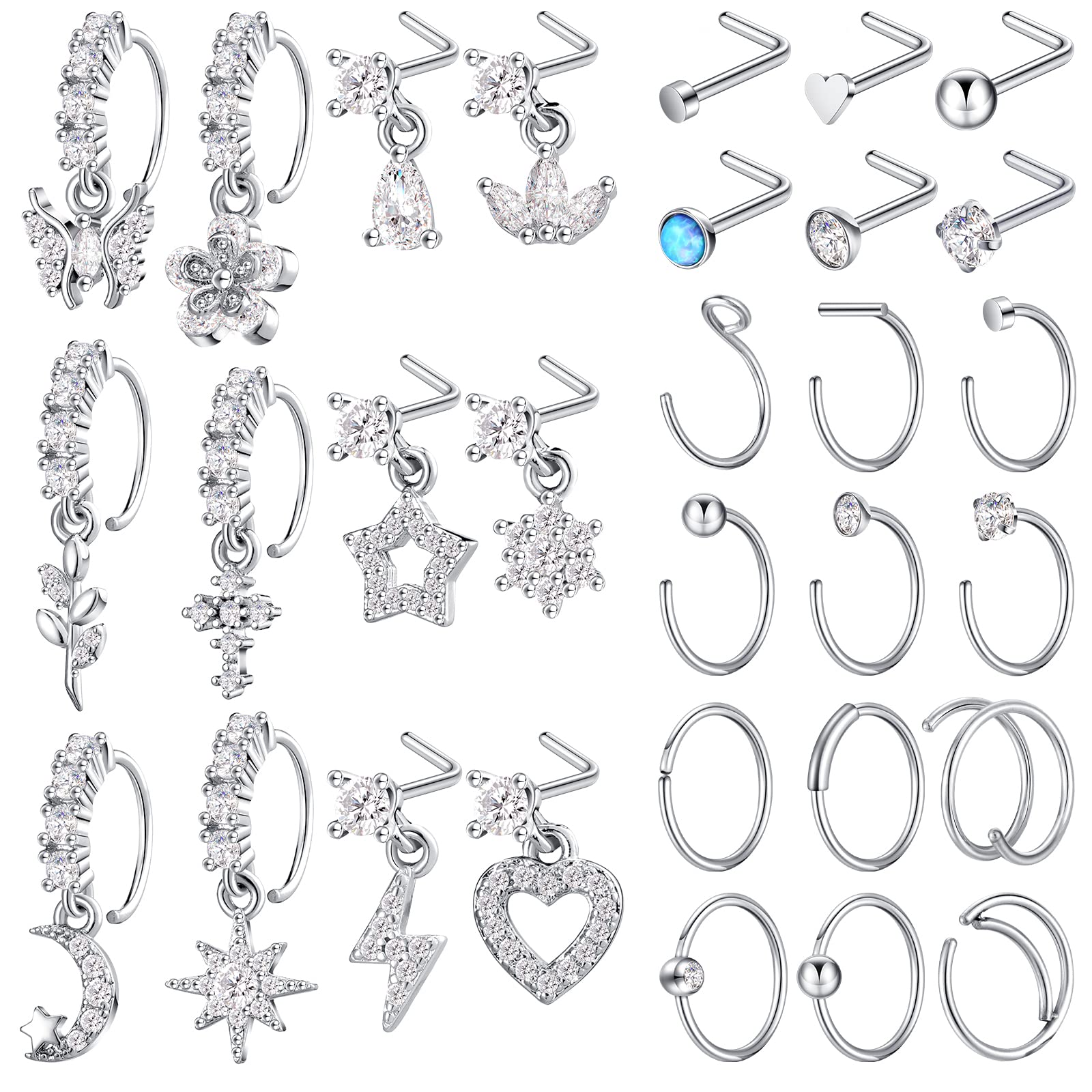 Trnayi 30 Pcs 20g Dangle Nose Ring L Shaped Nose Piercings Jewelry for Women Men Cute Nose Ring Stud Hoop Indian Nose Screw Surgical Steel Nose Ring Studs (Silver)