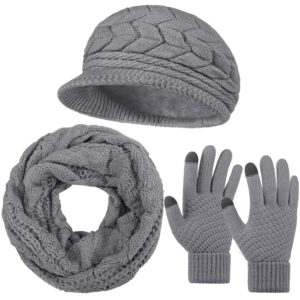 uratot 3 pieces women winter hat scarf glove set warm skull beanie hat with visor knitted touch screen glove scarf 3 in 1 set