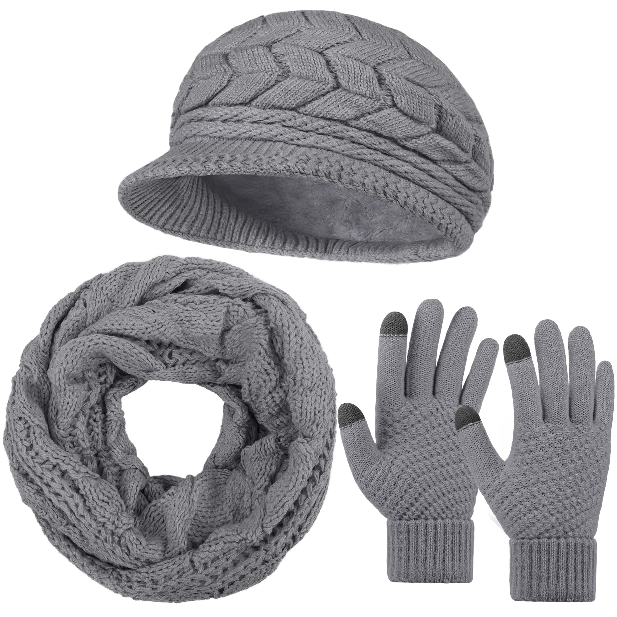 URATOT 3 Pieces Women Winter Hat Scarf Glove Set Warm Skull Beanie Hat with Visor Knitted Touch Screen Glove Scarf 3 In 1 Set