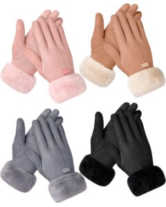 janmercy 4 pairs thermal winter gloves for women cold weather touchscreen soft lining suede gloves for ladies sports driving(pink, camel, gray, black)