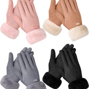 Janmercy 4 Pairs Thermal Winter Gloves for Women Cold Weather Touchscreen Soft Lining Suede Gloves for Ladies Sports Driving(Pink, Camel, Gray, Black)