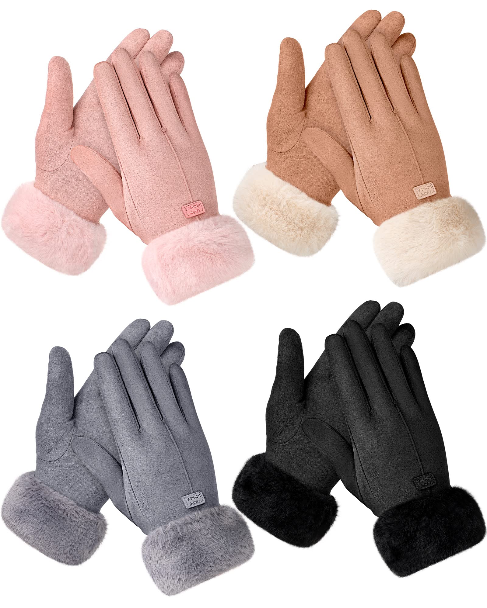 Janmercy 4 Pairs Thermal Winter Gloves for Women Cold Weather Touchscreen Soft Lining Suede Gloves for Ladies Sports Driving(Pink, Camel, Gray, Black)