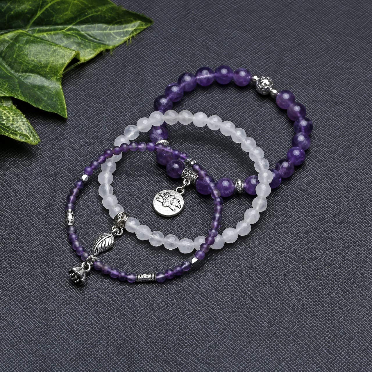 PESOENTH Healing Crystal Bracelets for Women Natural Gemstone Healing Stone Beaded Stretch Bracelet Purple Amethyst Jewelry Gifts