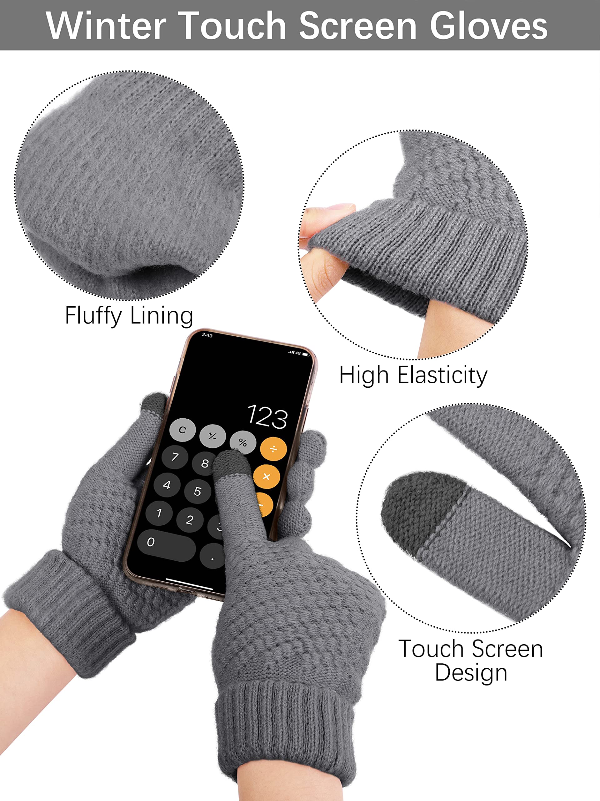 URATOT 3 Pieces Women Winter Hat Scarf Glove Set Warm Skull Beanie Hat with Visor Knitted Touch Screen Glove Scarf 3 In 1 Set