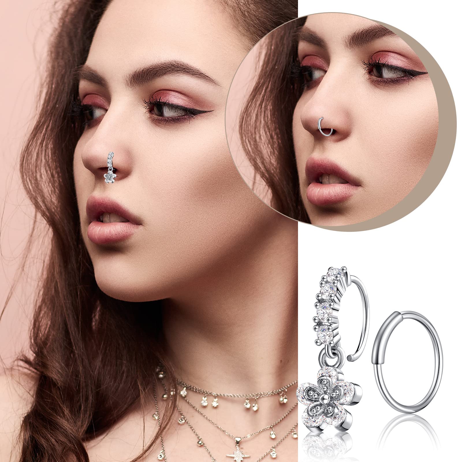 Trnayi 30 Pcs 20g Dangle Nose Ring L Shaped Nose Piercings Jewelry for Women Men Cute Nose Ring Stud Hoop Indian Nose Screw Surgical Steel Nose Ring Studs (Silver)