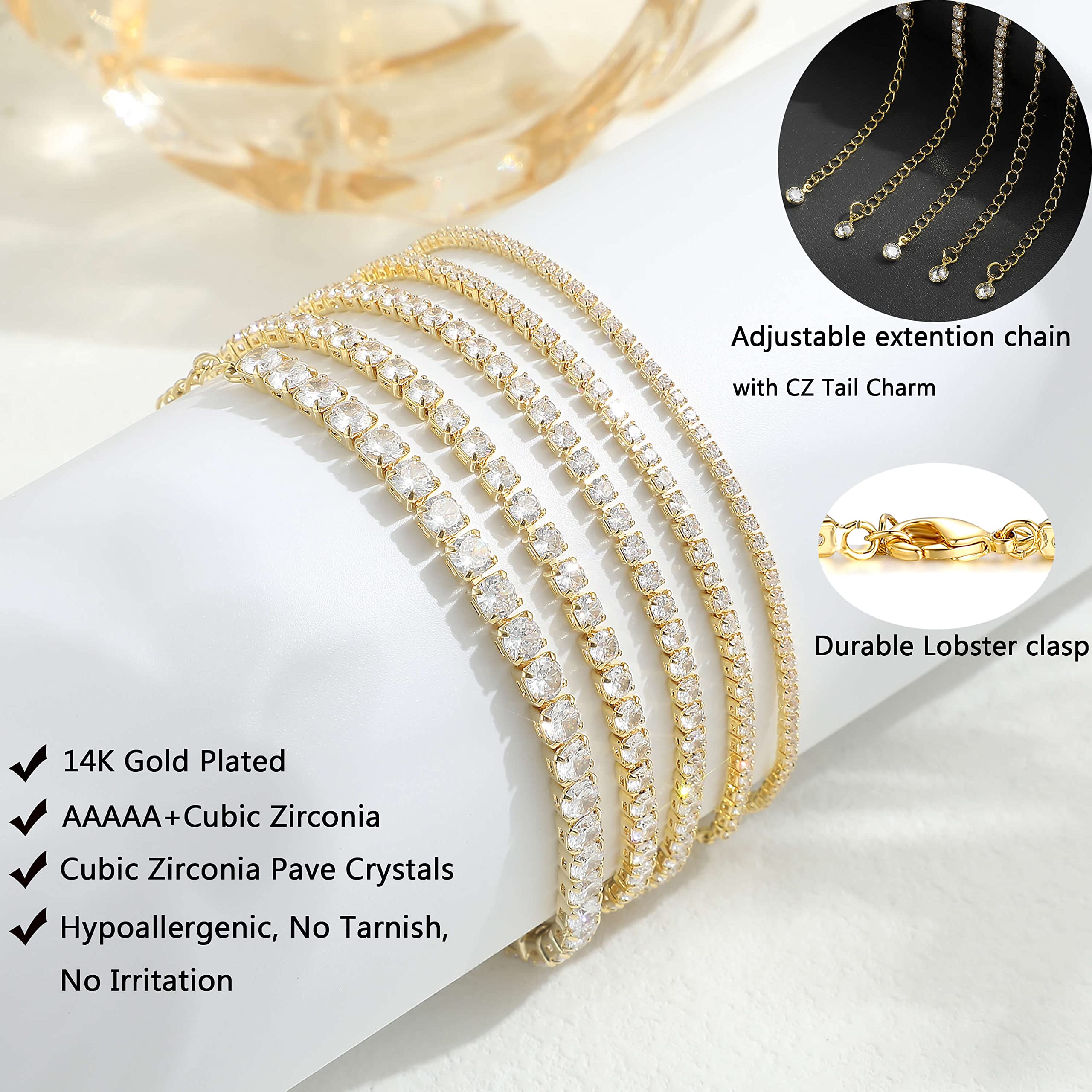 5 PCS Gold Bracelets for Women Teen Girls, 14K Real Gold Plated Adjustable Cubic Zirconia Dainty Tennis Anklet Bracelets Pack, Classic Bracelets Aesthetic Jewelry for Gift