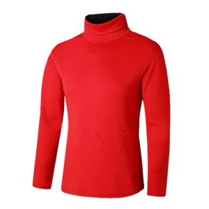 Men Slim Fit Lightweight Long Sleeve Pullover Top Turtleneck T-Shirt(Red & Black,2XL)